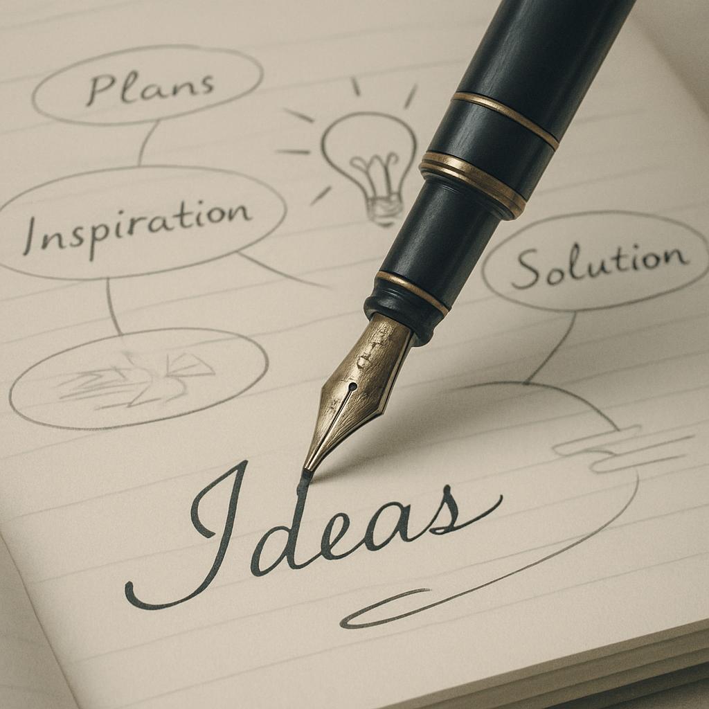 An image of a fountain pen and an ideas sketch on lined, neutral-colored paper in a lined booklet.